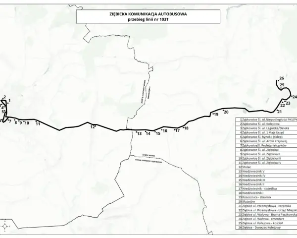 Mapa przebiegu linii autobusowej 103T Ziębice. Zobacz przystanki od Ząbkowic Śl. do Ziębic.