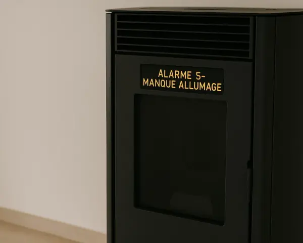 Poêle à granulés noir affichant "ALARME 5- MANQUE ALLUMAGE". Le poêle semble en panne.