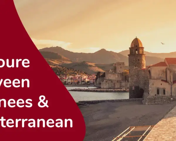 Collioure, France, a picturesque town nestled between the Pyrenees mountains and the Mediterranean Sea, bathed in the warm glow of sunset.