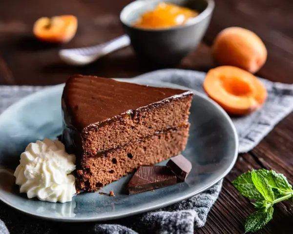 Ein Stück Sachertorte, das aussieht wie vom Original Sachertorte Rezept, mit Schlagobers, Schokolade und Marillenmarmelade.