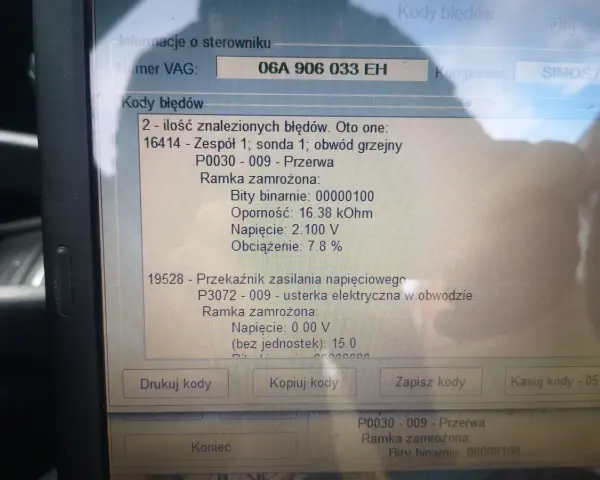 Błąd DTC P0036 Audi: przerwa w obwodzie grzejnym sondy 1. Zapisane dane ramki zamrożonej.
