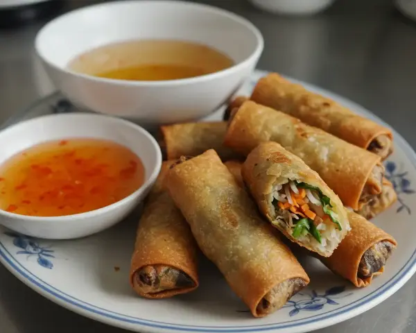 Chrupiące spring rolls z warzywnym farszem, podane z dwoma sosami. Idealne na przekąskę.