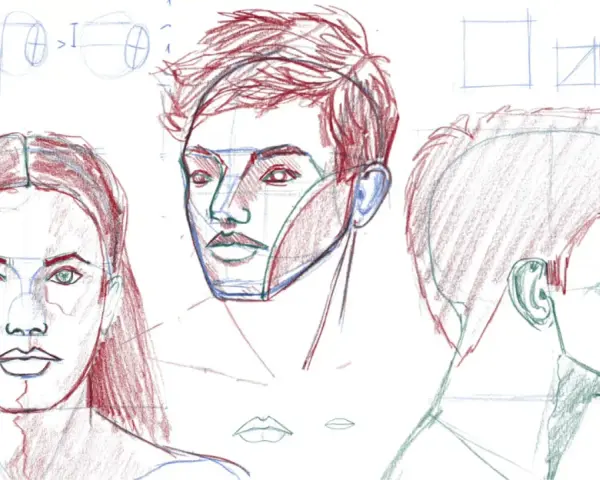 Étude de dessin de visage, montrant différentes vues et proportions. L'artiste explore la structure faciale avec des lignes bleues et des contours rouges.