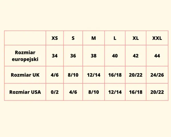 Tabela rozmiarów odzieży: rozmiar europejski (34-44), UK (4/6-24/26) i USA (0/2-20/22).