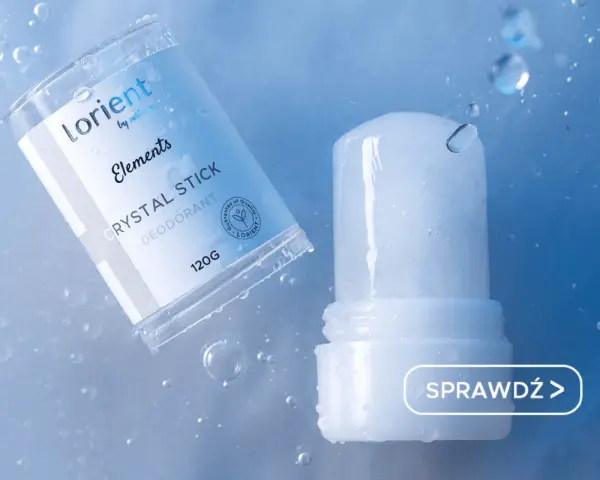 Dezodorant Lorient Crystal Stick, naturalny ałun co to? Przezroczysty sztyft w opakowaniu, otoczony kroplami wody.