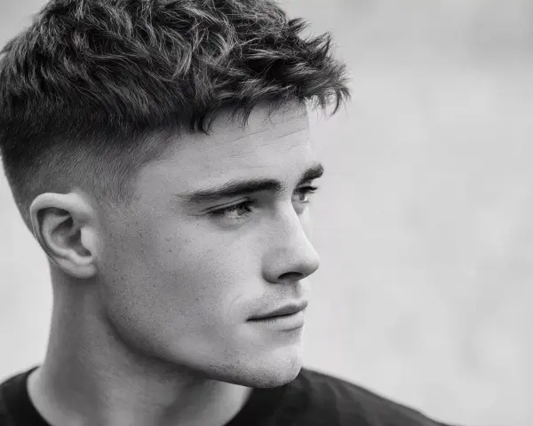 Perfil de hombre joven con corte de pelo moderno, un degradado rasurado impecable que se funde con la piel.