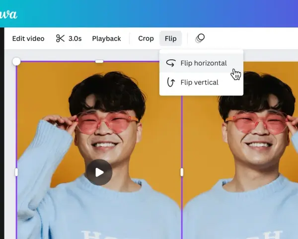 Wybór opcji "Flip horizontal" tworzy odbicie lustrzane mężczyzny w okularach w kształcie serc.