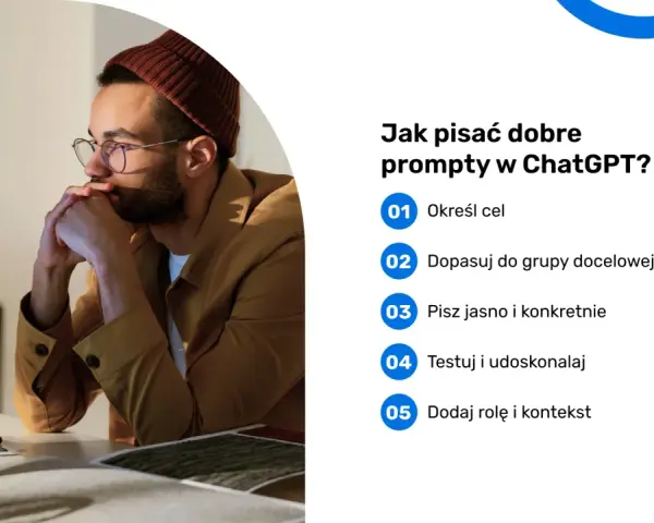 Mężczyzna w okularach i czapce myśli nad tym, jak pisać dobre prompty w ChatGPT. Lista podpowiada: określ cel, dopasuj do grupy docelowej, pisz jasno i konkretnie.