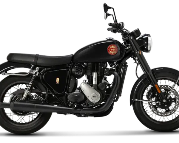 Stylowy, czarny motocykl BSA z klasycznym logo na baku. Idealny na weekendowe wypady.