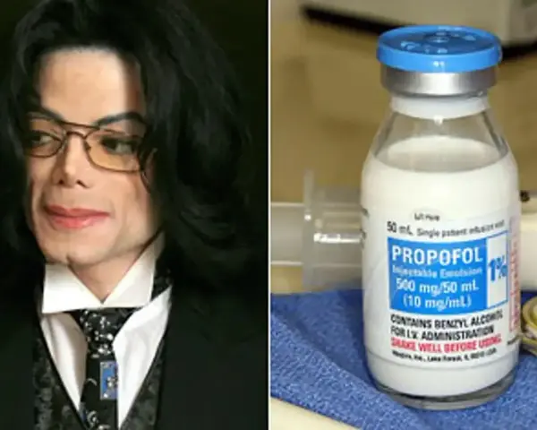 Michael Jackson i fiolka Propofolu, leku, który odegrał rolę w tym, jak zmarł Michael Jackson.