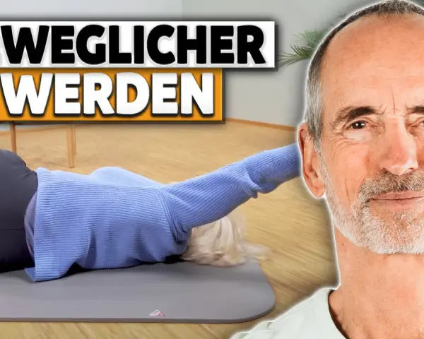 Mann lächelt, Frau liegt auf Matte in Übungsposition. Text "Beweglicher werden".