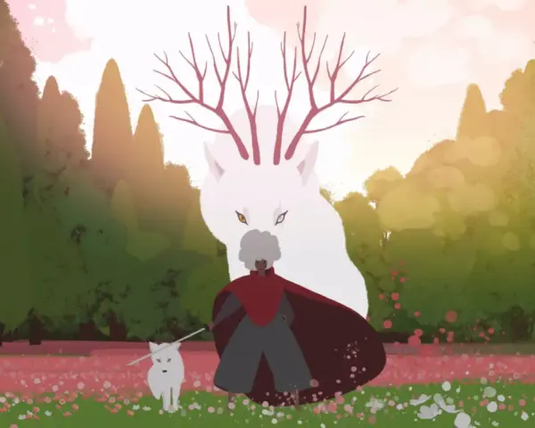 Una figura con capa roja y un lobo blanco caminan por un campo de flores. Detrás, un lobo gigante con astas de árbol observa. No es un juego, es una aventura.