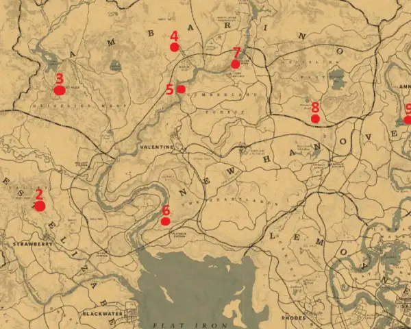Mapa de Red Dead Redemption 2 con 10 puntos marcados, indicando ubicaciones de rocas talladas rdr2.