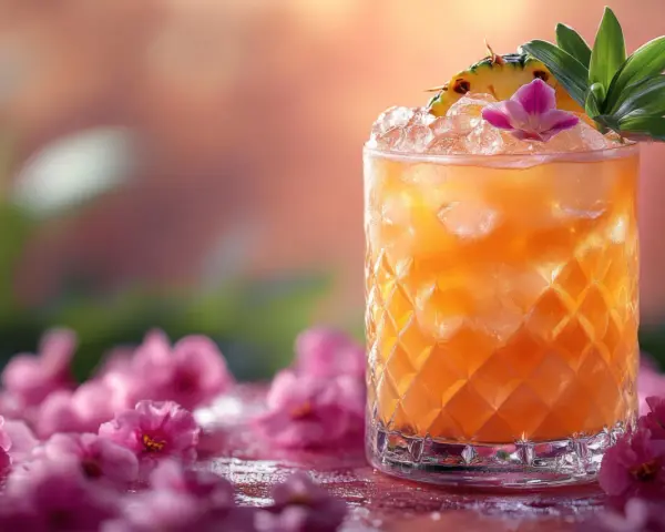 Orzeźwiający drink Bahama Mama z ananasem i kwiatkiem, otoczony różowymi kwiatami.