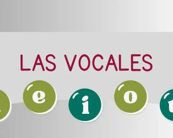 Las vocales a, e, i, o, u en círculos de colores, listas para la lectura.