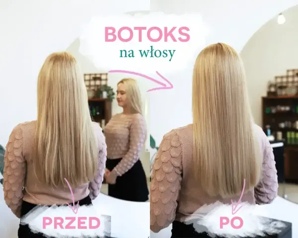 Przed i po zabiegu botoksu na włosy. Włosy przed są lekko falowane, po zabiegu proste i lśniące.