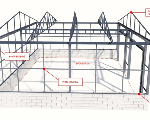 Szkielet garażu dwustanowiskowego wymiary 800x600 cm. Widoczne profile stalowe i fundament.