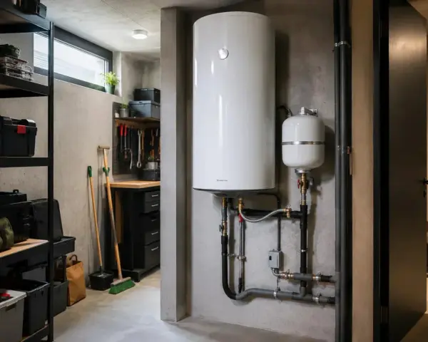 Un boiler bianco e un serbatoio di espansione, collegati da tubi, illustrano la differenza tra caldaia e scaldabagno in un locale tecnico.