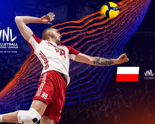 Siatkarz w skoku do ataku podczas turnieju finałowego Ligi Narodów. Polska kontra Włochy.