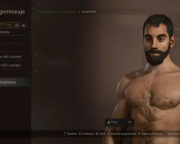 Editor de personaje en Dragon's Dogma Online. Hombre con barba y torso musculoso, con opciones de anatomía y personalización.