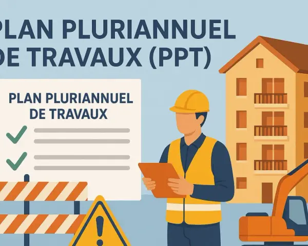 Un ouvrier consulte un plan pluriannuel de travaux devant un immeuble en construction. Une pelleteuse est visible.