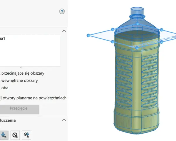 Model 3D butelki z zaznaczonym przekrojem i opcjami w panelu bocznym.
