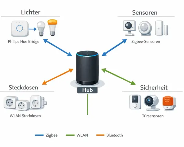 Ein Smart Hub verbindet Lichter, Sensoren, Steckdosen und Sicherheitssysteme über Zigbee, WLAN und Bluetooth.