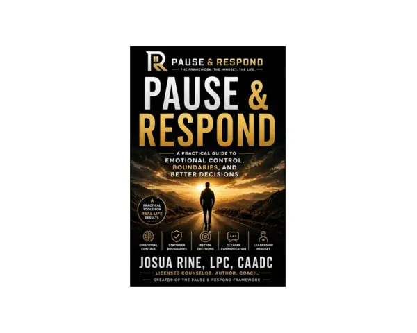 Book cover for "Pause & Respond," a guide to emotional control, featuring a silhouette of a person on a road leading to a sunset.