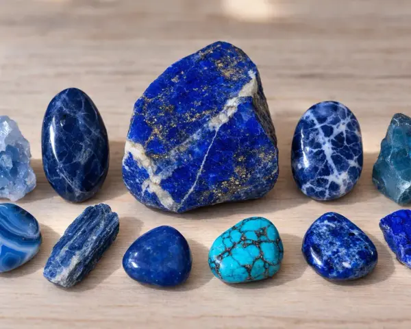 Collezione di pietre blu e turchesi. Il lapislazzuli, con le sue venature dorate, è noto per le sue proprietà spirituali e di guarigione.