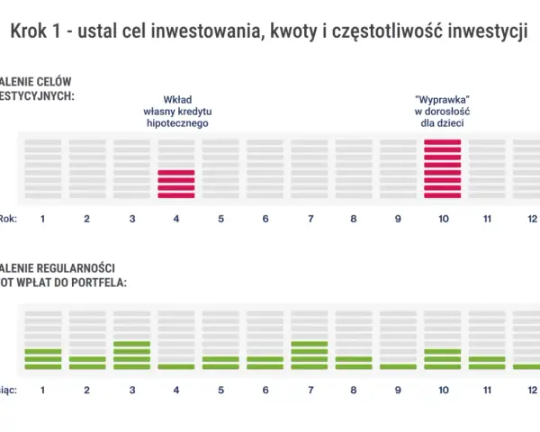 Wykresy pokazujące cele inwestycyjne (czerwone słupki) i regularność wpłat (zielone słupki).