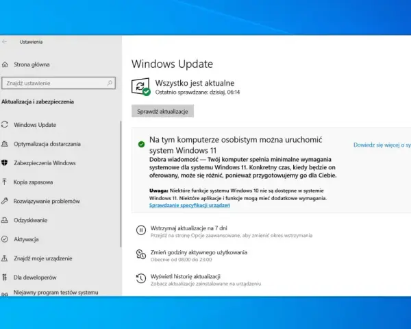 Komputer spełnia wymagania Windows 11. Sprawdzanie aktualizacji systemu i jego specyfikacji.