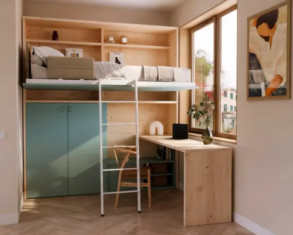 Solución inteligente para habitaciones pequeñas juveniles: cama elevada, escritorio y armarios integrados en madera clara y verde menta.