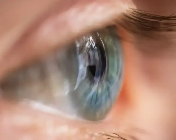 Occhio umano con iride verde-blu, ciglia scure. La sera vedo sfocato, ma questo dettaglio è nitido.