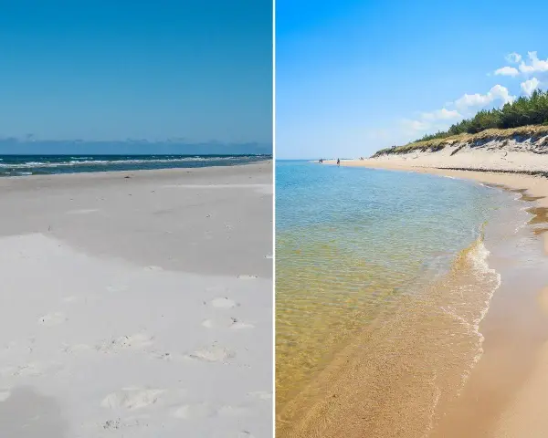 Plaża w Choczewie: piaszczyste wybrzeże Bałtyku z turkusową wodą i sosnowym lasem na wydmach.