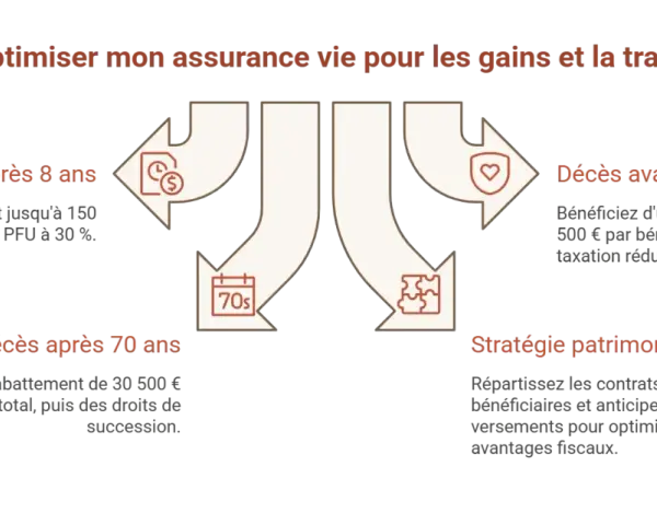 Schéma expliquant comment optimiser assurance vie : versements, décès avant/après 70 ans, stratégie patrimoniale.
