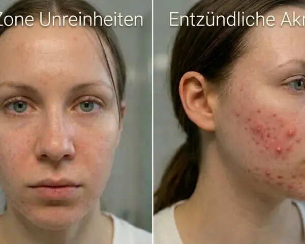 Zwei Bilder einer jungen Frau mit unreiner Haut. Links: T-Zone mit Rötungen und Pickelchen. Rechts: Entzündliche Akne im Gesicht.