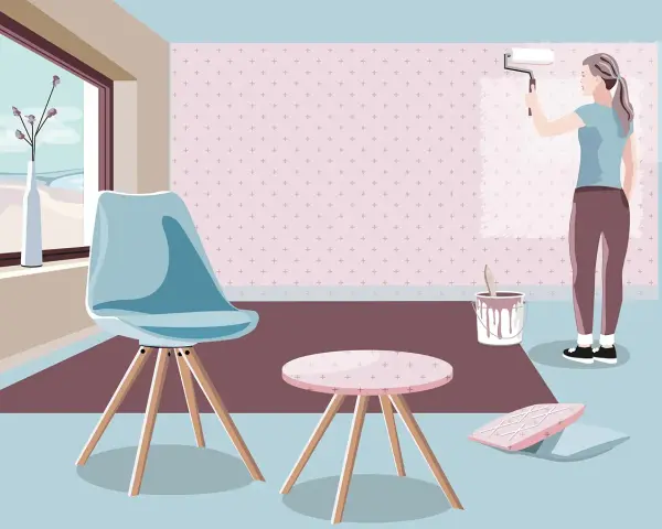 Frau renoviert nach 20 Jahren Miete. Sie streicht die Wand mit einer Farbrolle. Ein Eimer Farbe und ein Stuhl stehen bereit.