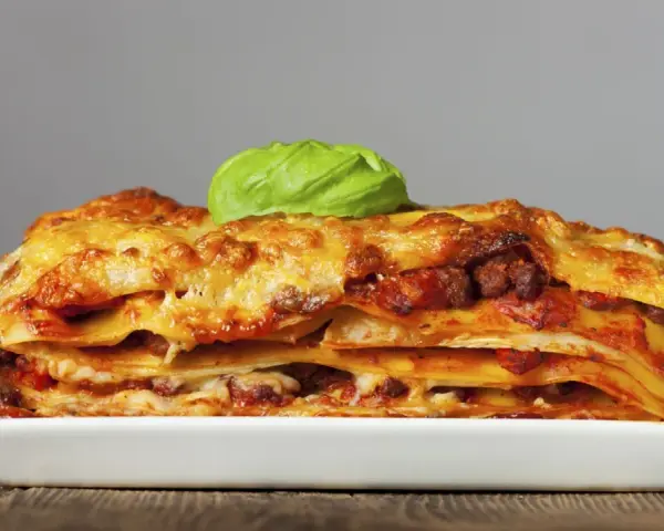 Una porción generosa de lasaña de carne, con capas de pasta, salsa y queso dorado, coronada con una hoja de albahaca fresca.