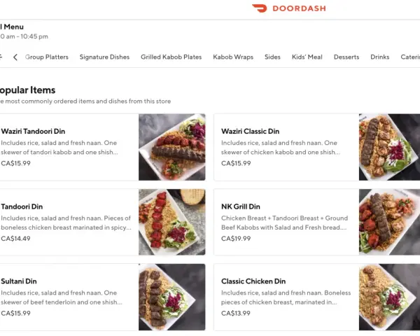 Explora los diferentes tipos de menú de DoorDash, con platos populares como Waziri Tandoori Din y Classic Chicken Din.