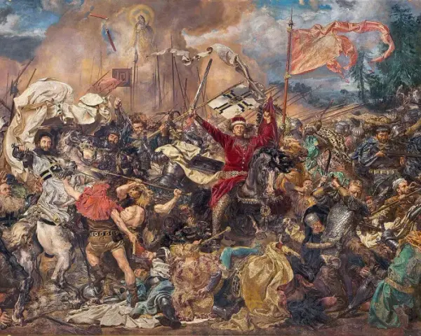 Bitwa pod Grunwaldem, dzieło Jana Matejki, ukazuje chaos i heroizm starcia. Kim był Jan Matejko? Wielkim malarzem historii Polski.
