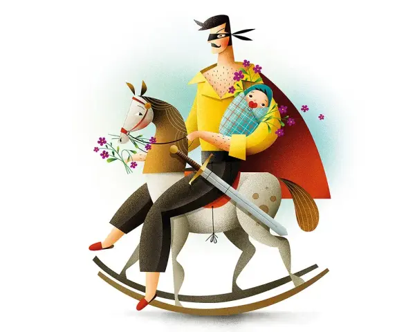 Ilustracje Macieja Szymanowicza: tata-superbohater z niemowlakiem na koniku na biegunach, z mieczem i kwiatami.