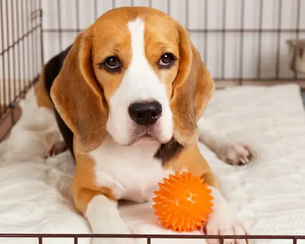 Smutny beagle leży w klatce kennelowej z pomarańczową piłeczką.