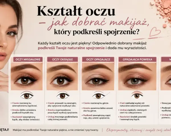 Poradnik makijażu oczu dla różnych kształtów: migdałowych, okrągłych, opadających i małych.