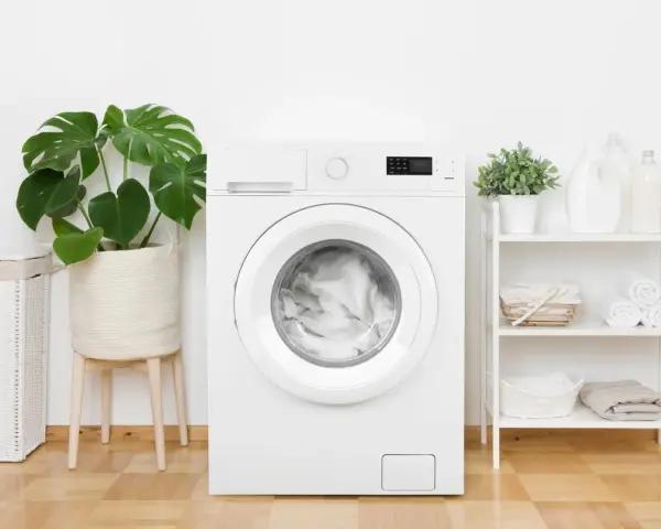 Machine à laver blanche, prête pour un cycle. La profondeur de son tambour est idéale pour une famille. À côté, un panier à linge et des plantes vertes.