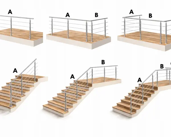 Różne konfiguracje balustrad schodowych i tarasowych. Zwróć uwagę na wysokość poręczy od stopnia, kluczową dla bezpieczeństwa.