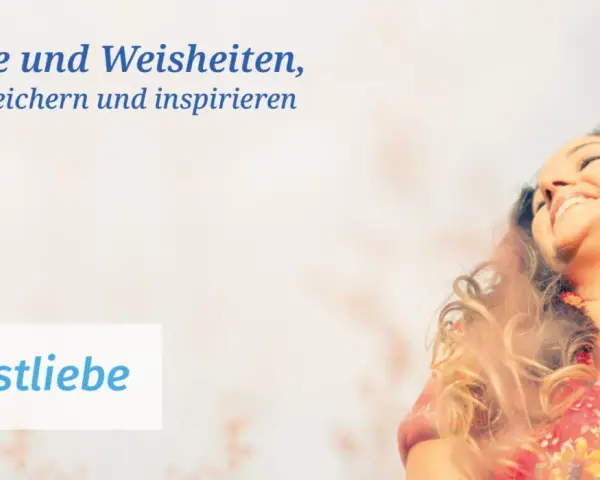 Glückliche Frau mit geschlossenen Augen und Blumenmuster-Kleid, im Hintergrund Text.