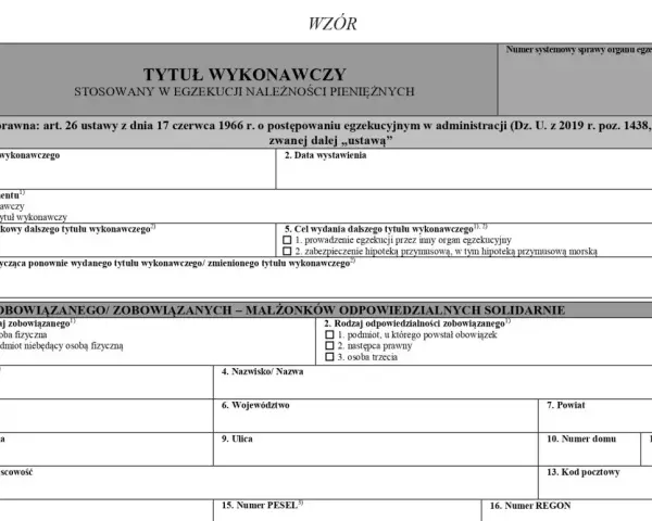 Formularz TW-1 (4) - wzór tytułu wykonawczego do egzekucji należności pieniężnych. Zawiera dane zobowiązanego.