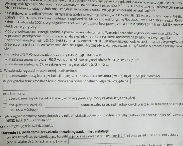 Dokumentacja techniczna mikroinstalacji Tauron, zawierająca wymogi dotyczące przyłączenia do sieci i nastaw zabezpieczeń.