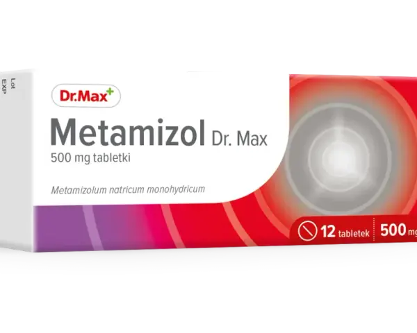 Opakowanie leku Metamizol Dr. Max, 500 mg, zawierające 12 tabletek. Skuteczny środek przeciwbólowy i przeciwgorączkowy.