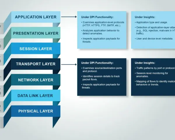Diagram shows how deep packet inspection (DPI) works by examining application and transport layers for threats and insights.